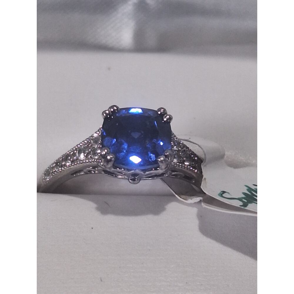 925 Sterling Silver Lab Sapphire Ring Cushion Cut CZ Accents Size 6.5